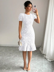 Ruffled Hem Flower Round Neck Short Sleeve Dress White OutfitFlow
