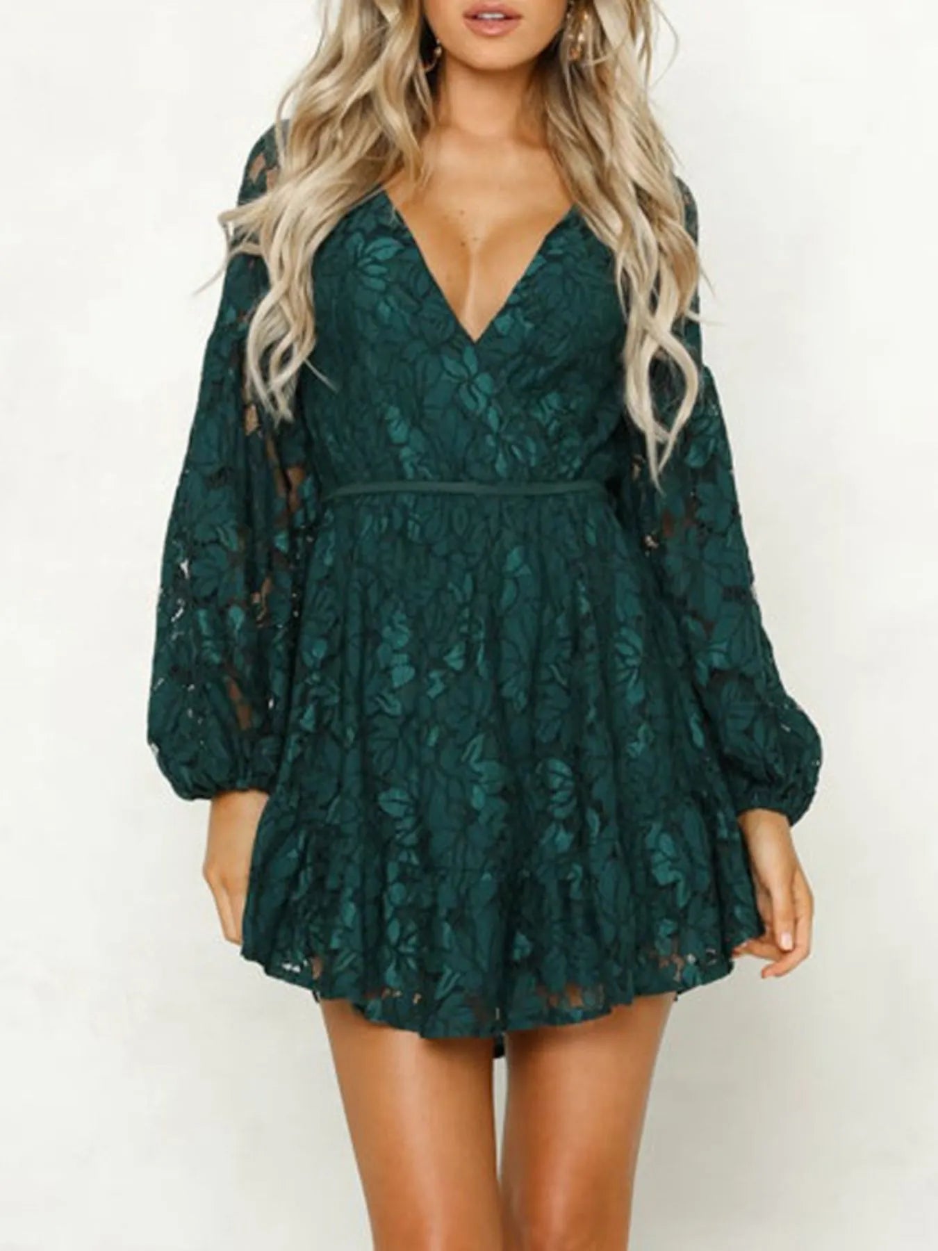 Lace V-Neck Long Sleeve Mini Dress OutfitFlow