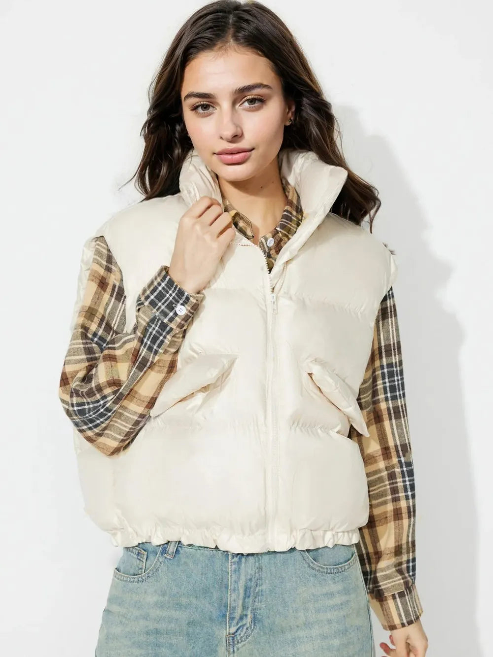 Zip Up Vest Coat with Pockets Cream Trendsi