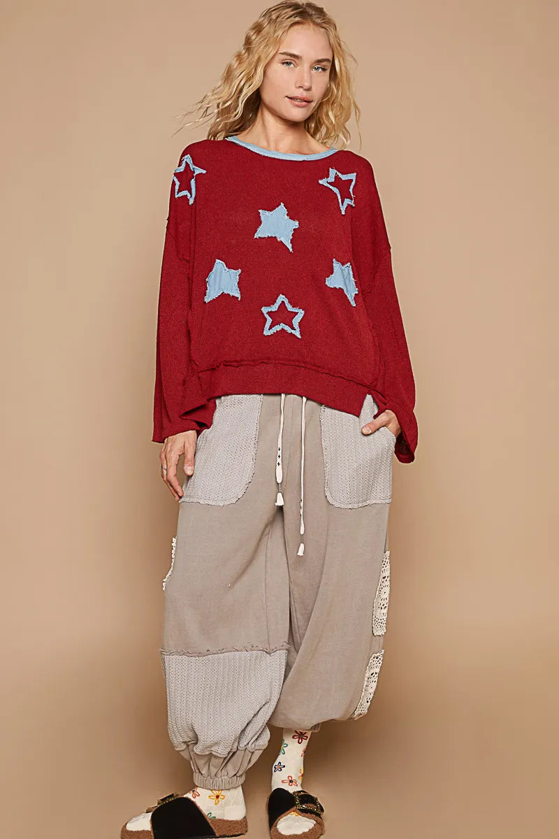 POL Exposed Seam Relaxed Fit Sweater with Star Denim Patch Trendsi