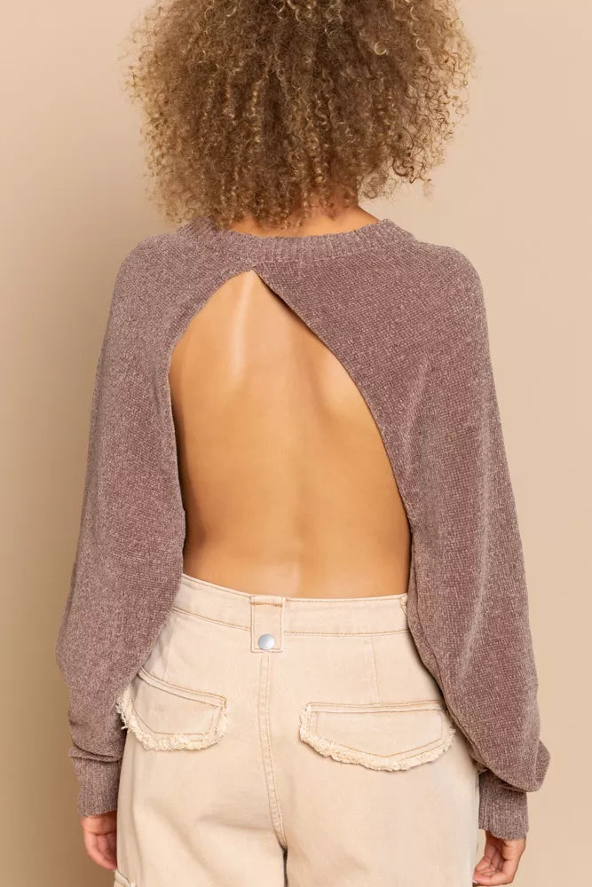 POL Round Neck Backless Sweater with Ribbed Edge Trendsi