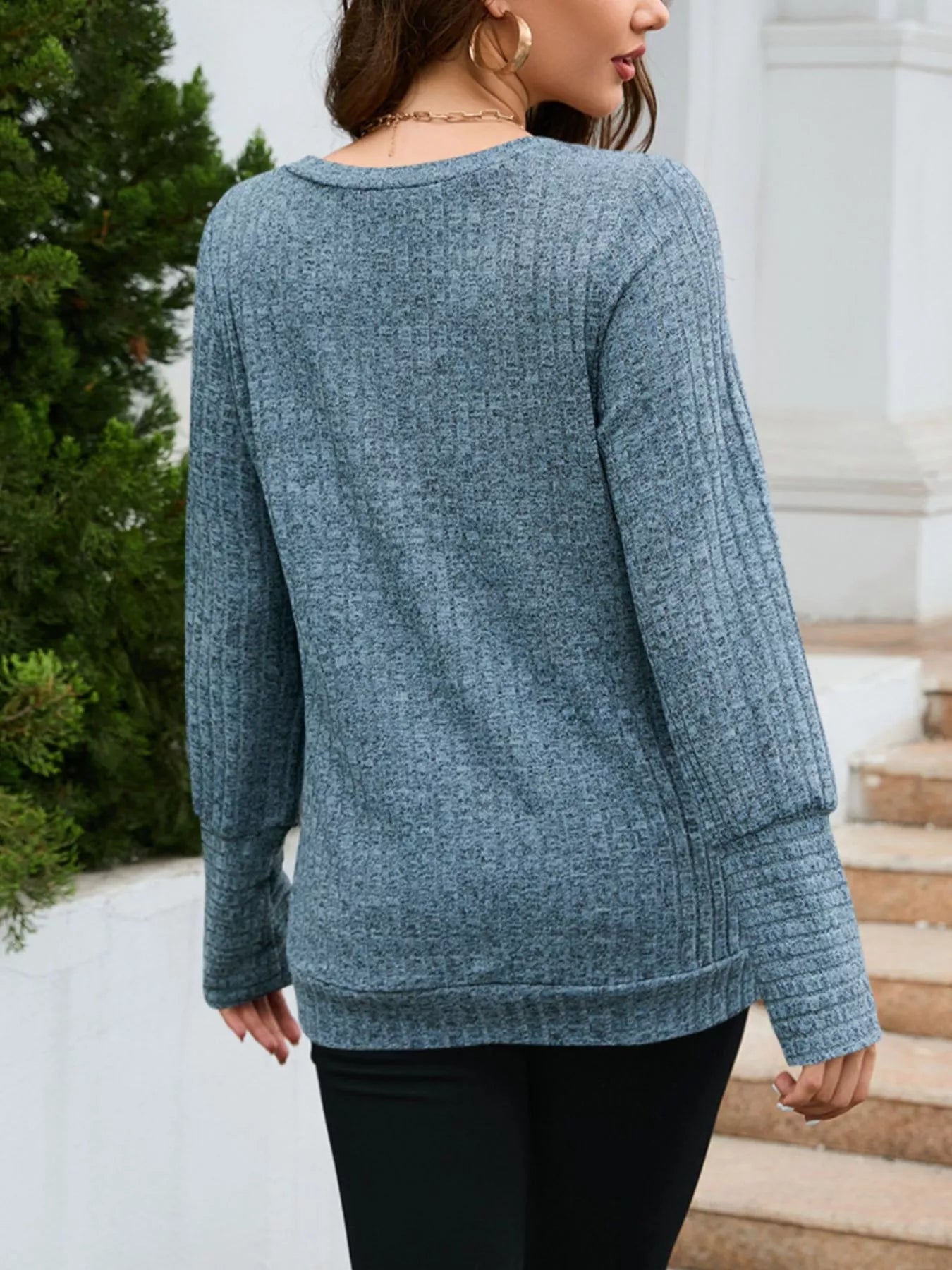 V-Neck Textured Knit Long Sleeve T-Shirt OutfitFlow