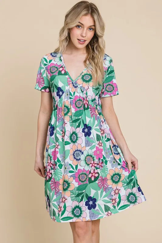BOMBOM Ruched Floral V-Neck Short Sleeve Dress OutfitFlow
