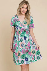 BOMBOM Ruched Floral V-Neck Short Sleeve Dress OutfitFlow