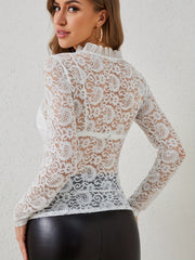 Ruffled V-Neck Long Sleeve Lace Top