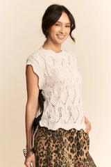 Davi & Dani Ribbon Bow Ties Scalloped Trim Knit Semi Crop Top OutfitFlow
