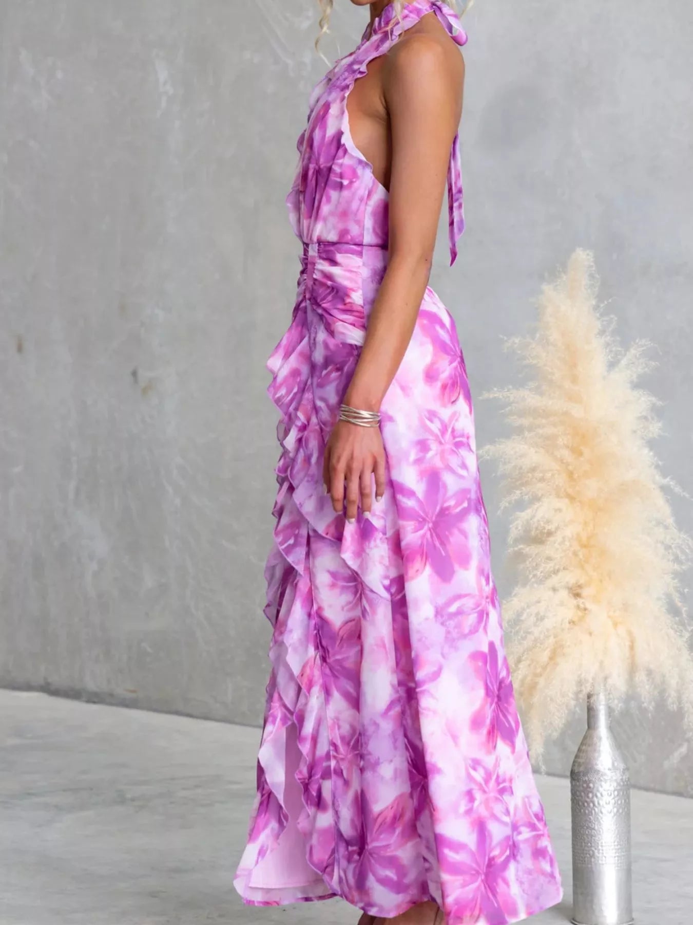 Floral Print Ruffle Halter Neck Maxi Dress OutfitFlow