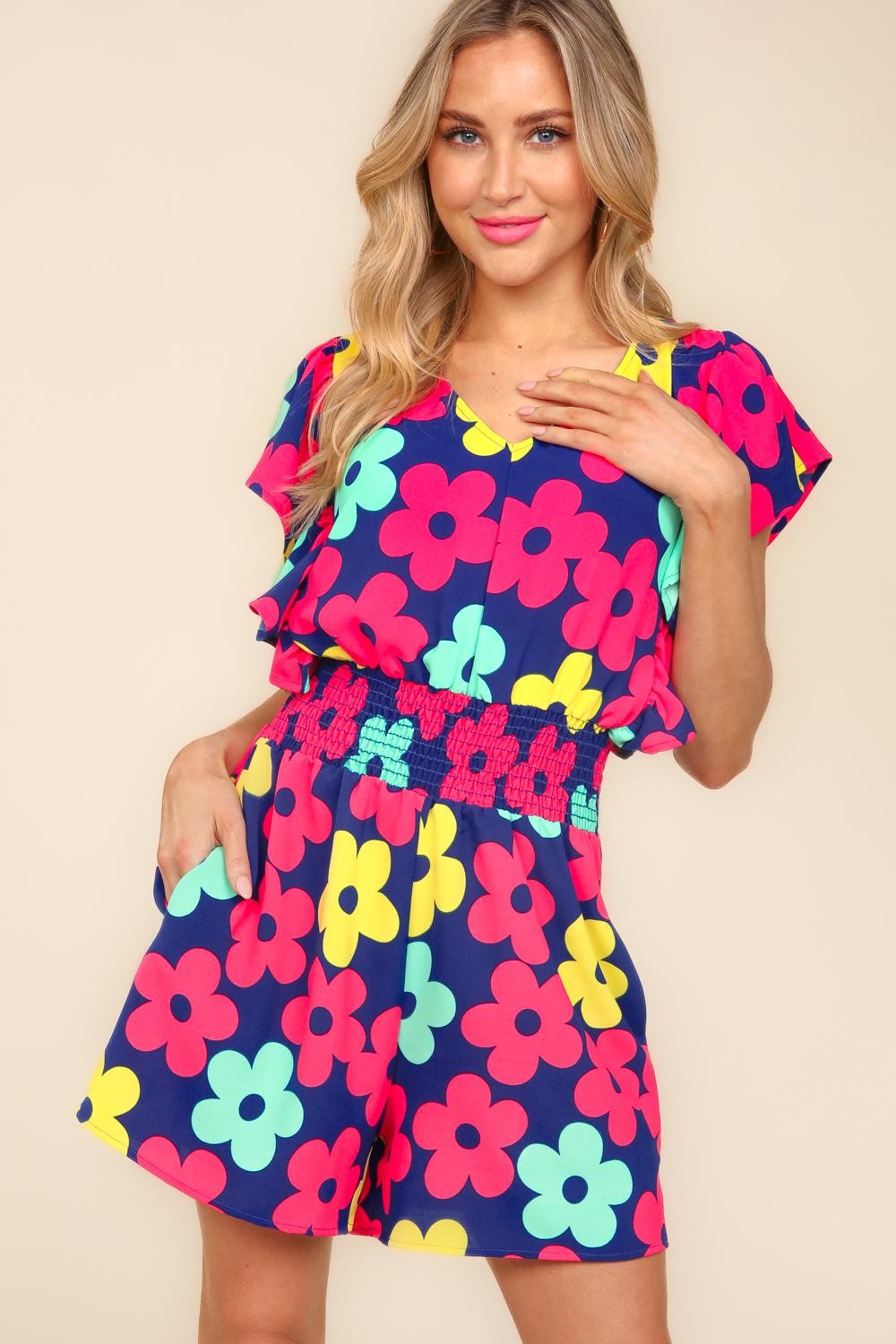 Haptics Floral Smocked Waist Romper with Side Pockets