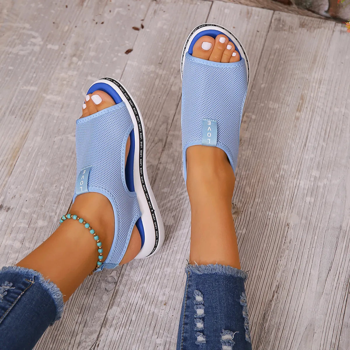 Mesh Open Toe Platform Sandals Light Blue OutfitFlow
