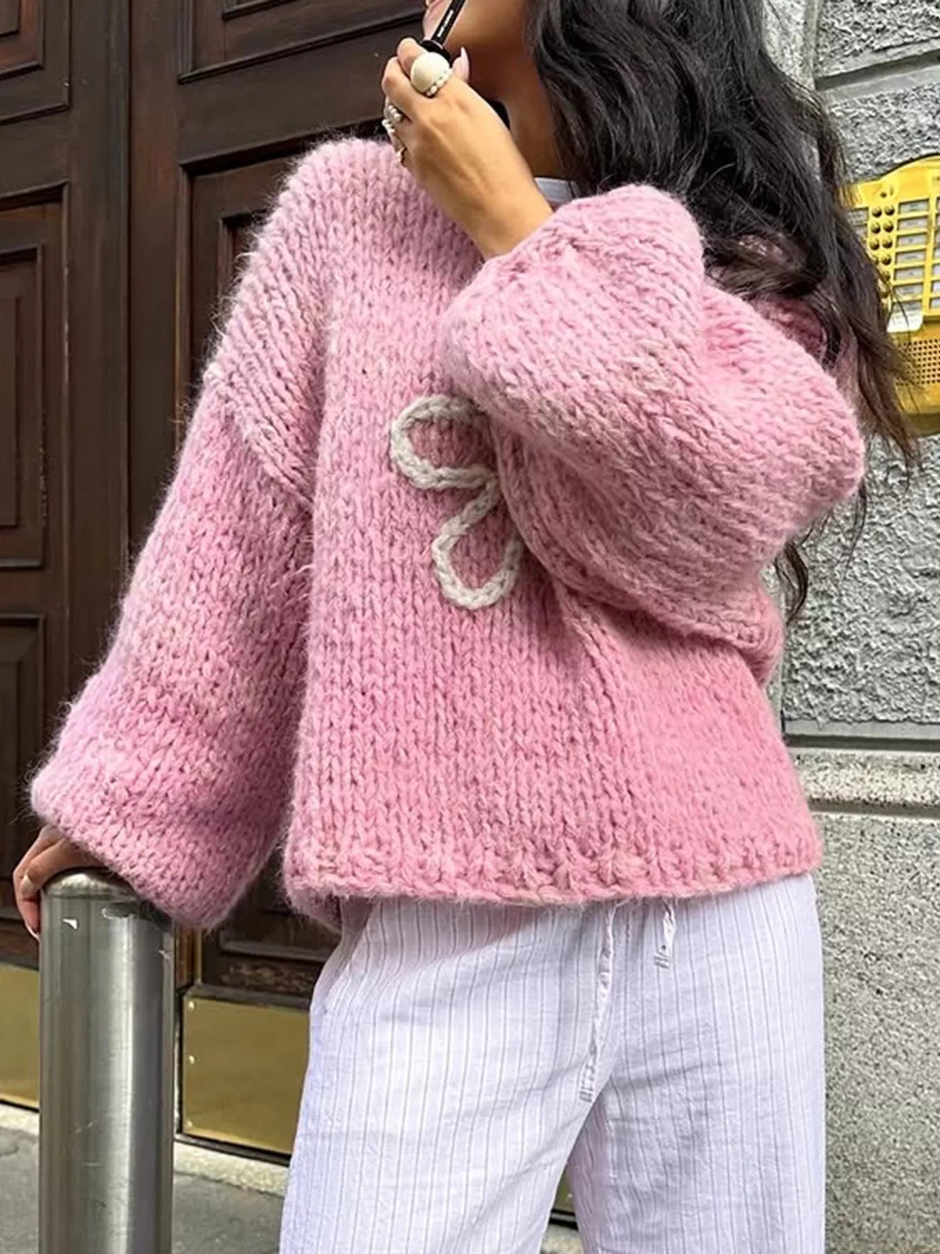 Flower Round Neck Dropped Shoulder Sweater OutfitFlow