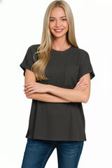 Zenana Raised Rib Front Pocket Boxy Top Trendsi