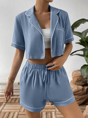 Outfit Flow - Ivy Lane Contrast Lapel Collar Cropped Shirt and Shorts Lounge Set