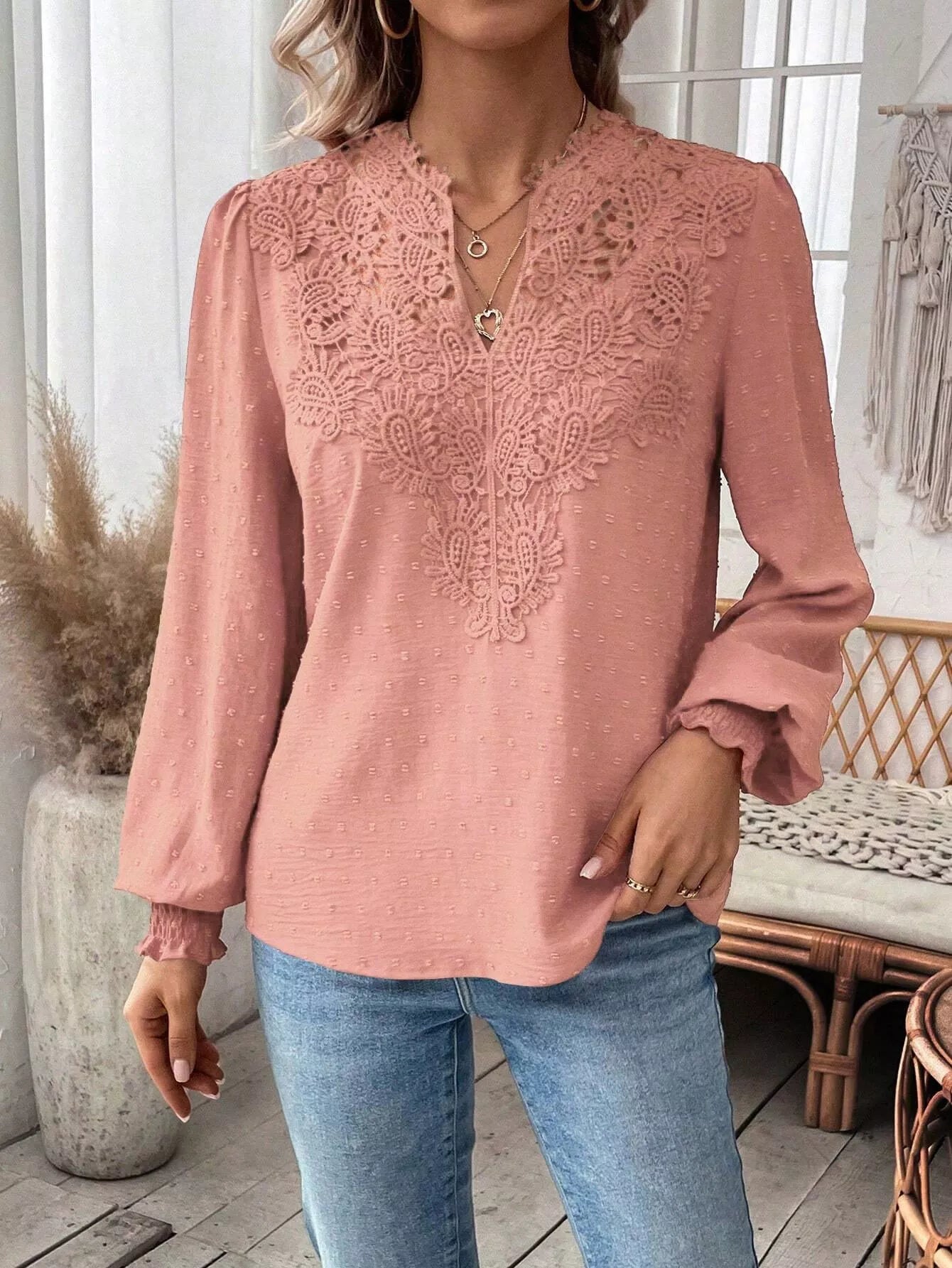Swiss Dot Lace Detail Long Sleeve Blouse OutfitFlow