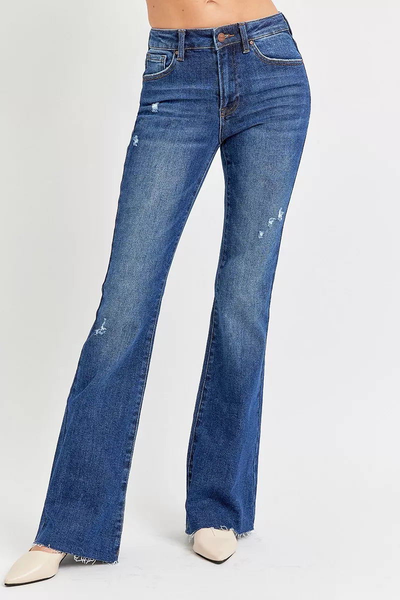 RISEN Full Size Distressed Mid Rise Flare Jeans Plus Size DARK OutfitFlow