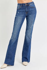 RISEN Full Size Distressed Mid Rise Flare Jeans Plus Size DARK OutfitFlow