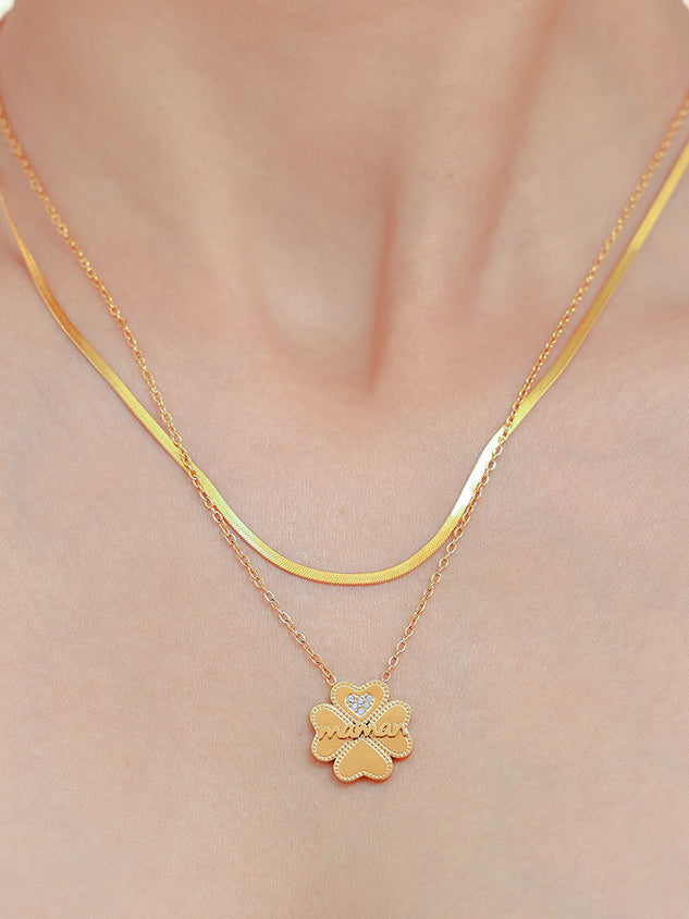 Outfit Flow - 2 Piece 18K Gold-Plated Inlaid Zircon Lucky Clover Necklace