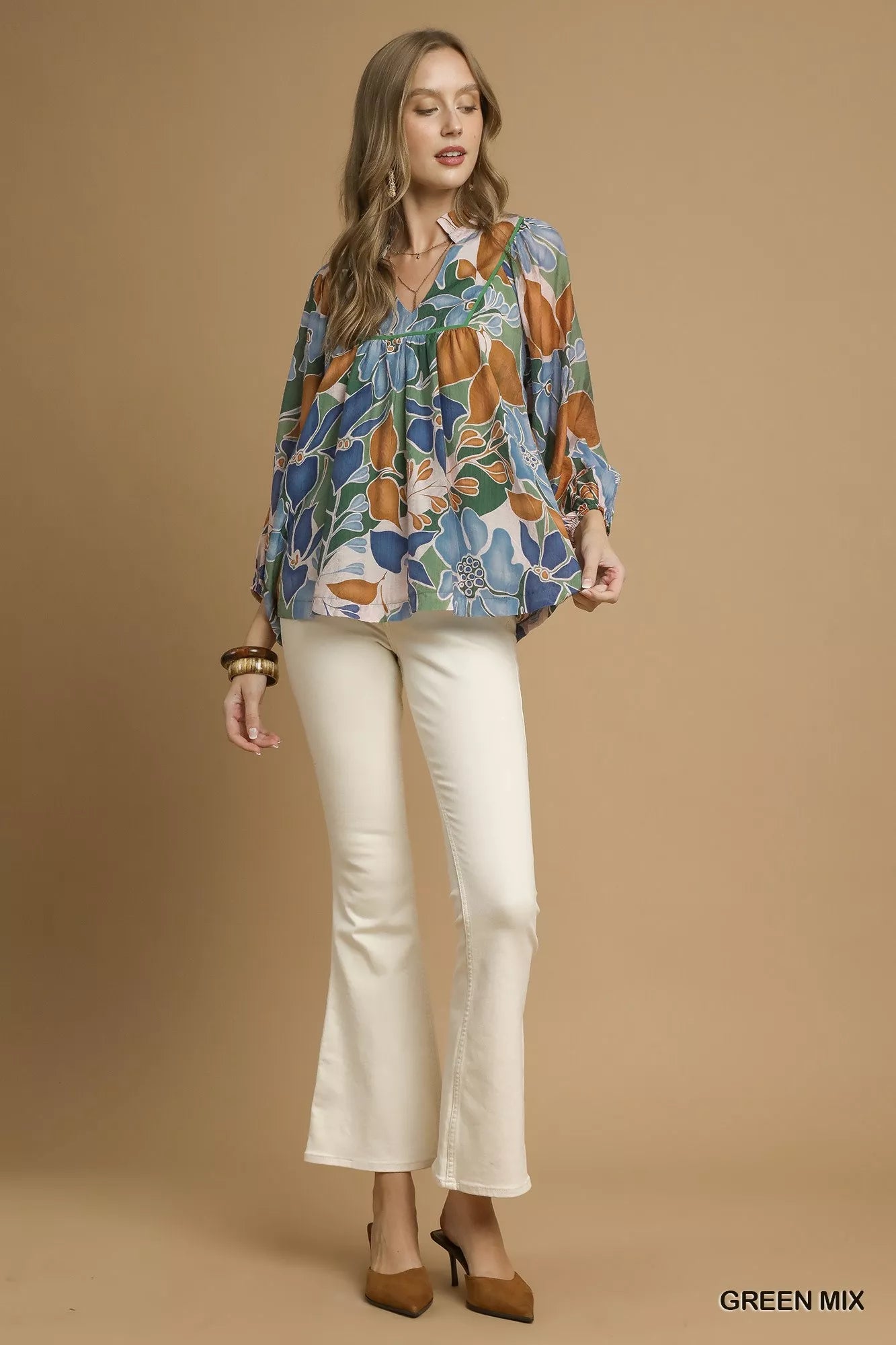 Umgee Multicolor Abstract Floral Print Blouse with Ruffle Neck OutfitFlow