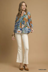 Umgee Multicolor Abstract Floral Print Blouse with Ruffle Neck OutfitFlow