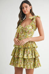 MABLE Floral Print Shoulder Tie Layered Mini Dress OutfitFlow