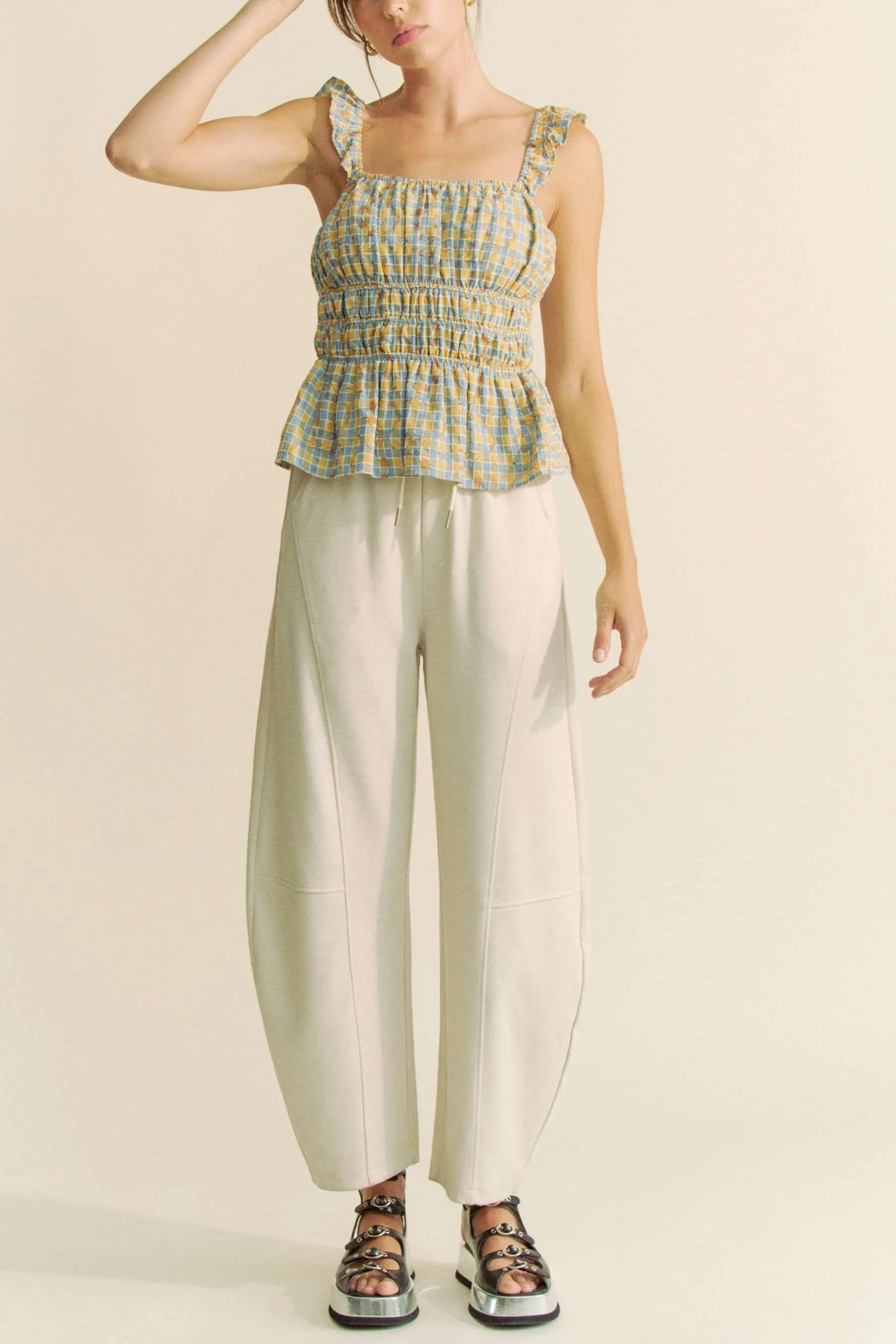 Davi & Dani Plaid Ruffled Strap Smocked Sleeveless Top OutfitFlow