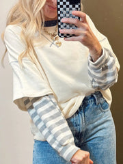 Striped Patchwork Long Sleeve Round Neck Two-in-one Top OutfitFlow
