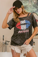 BiBi Laser Cut Mineral Washed Old Glory Lip Print Top BLACK CHARCOAL OutfitFlow