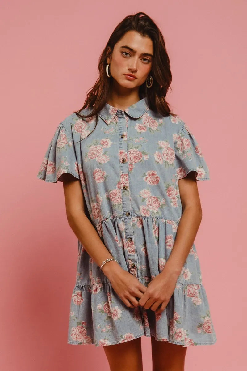 BiBi Floral Print Washed Lightweight Tiered Shirt Dress OutfitFlow