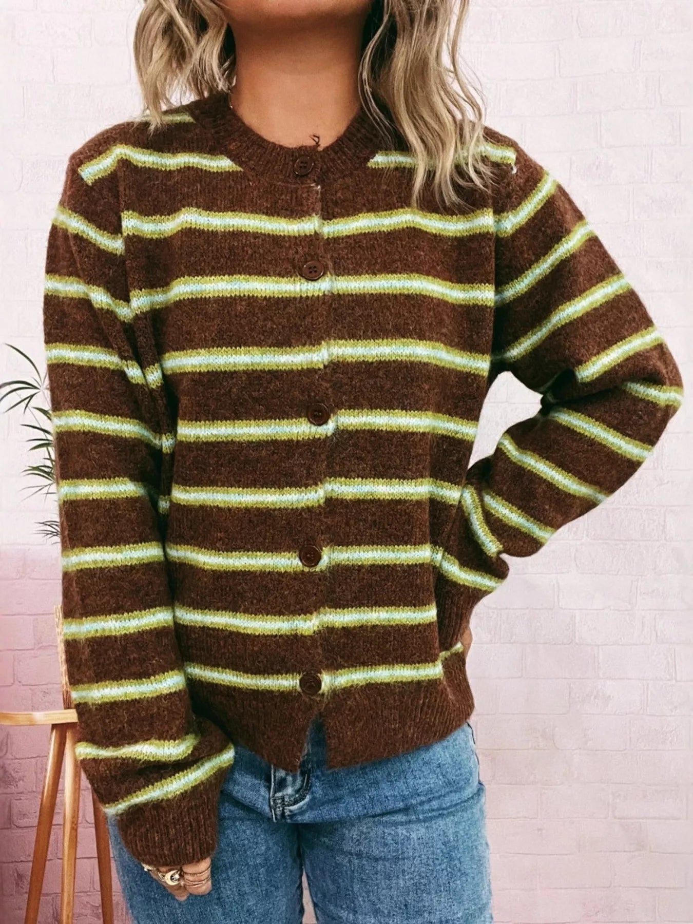 Striped Button-Up Long Sleeve Cardigan OutfitFlow