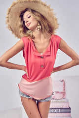 BiBi Color Block Contrast Stitching Buttoned Henley Top OutfitFlow