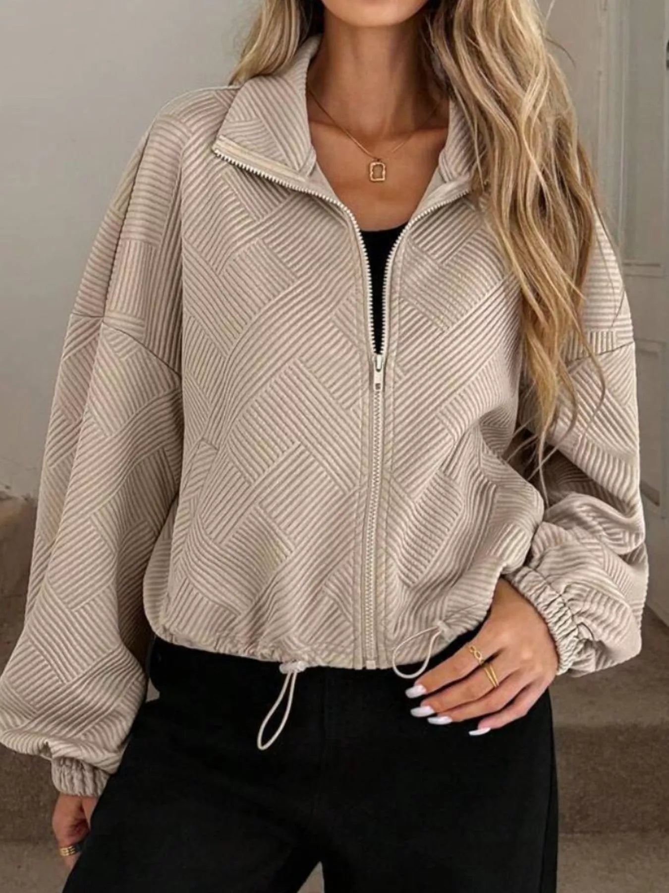 Textured Zip-Up Drawstring Hem Jacket Khaki Trendsi