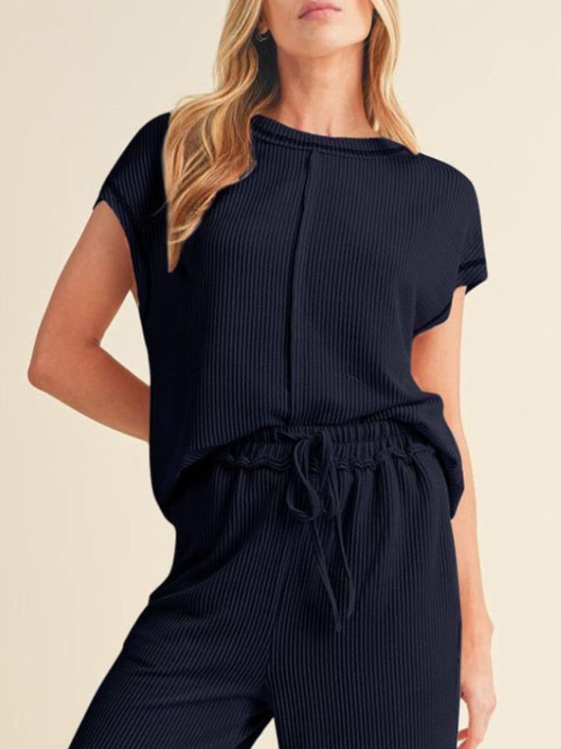 Ribbed Exposed Seam Top and Pants Set OutfitFlow