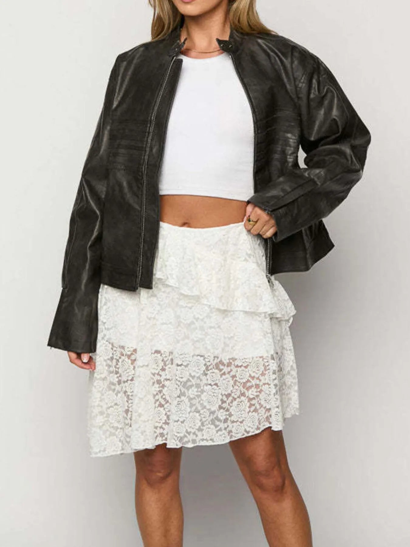 Lace Asymmetrical Mini Skirt White OutfitFlow