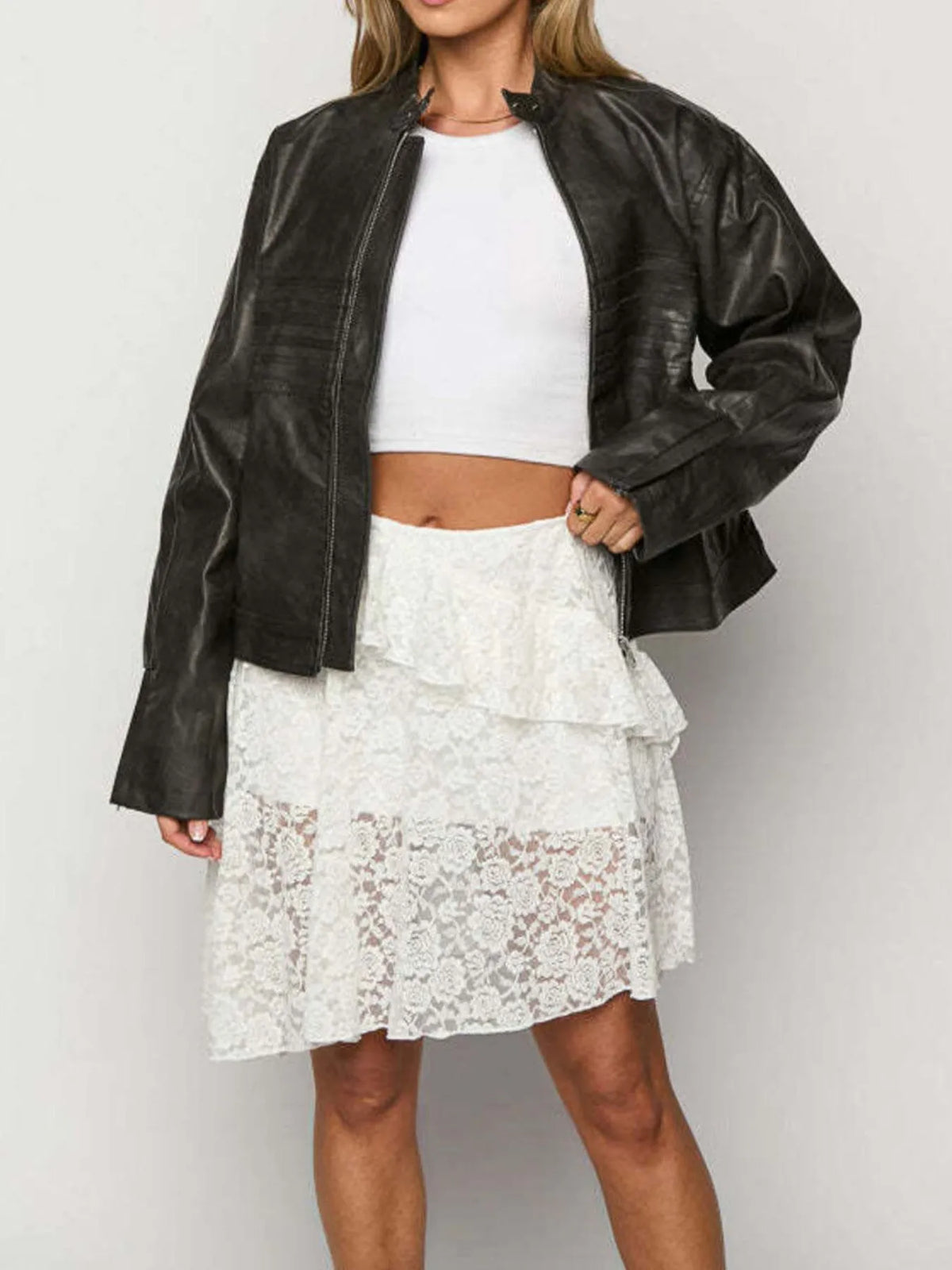 Lace Asymmetrical Mini Skirt White OutfitFlow