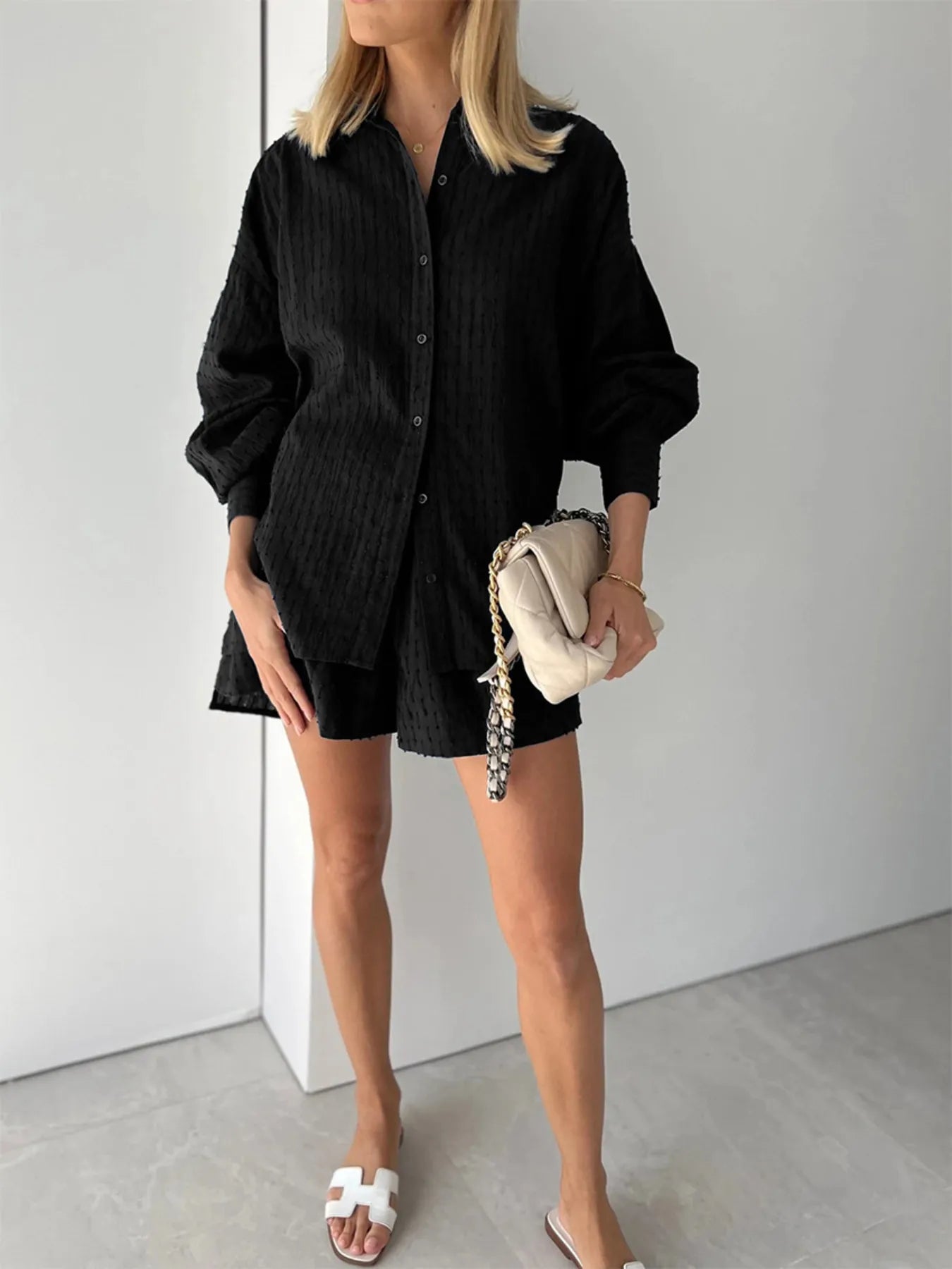 Textured Button-Up Shirt and Shorts Set OutfitFlow