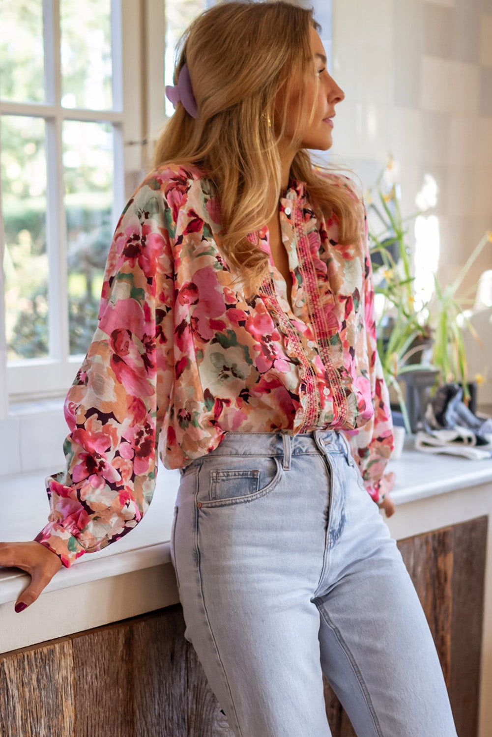 Outfit Flow - Frill Floral Button Down Long Sleeve Shirt