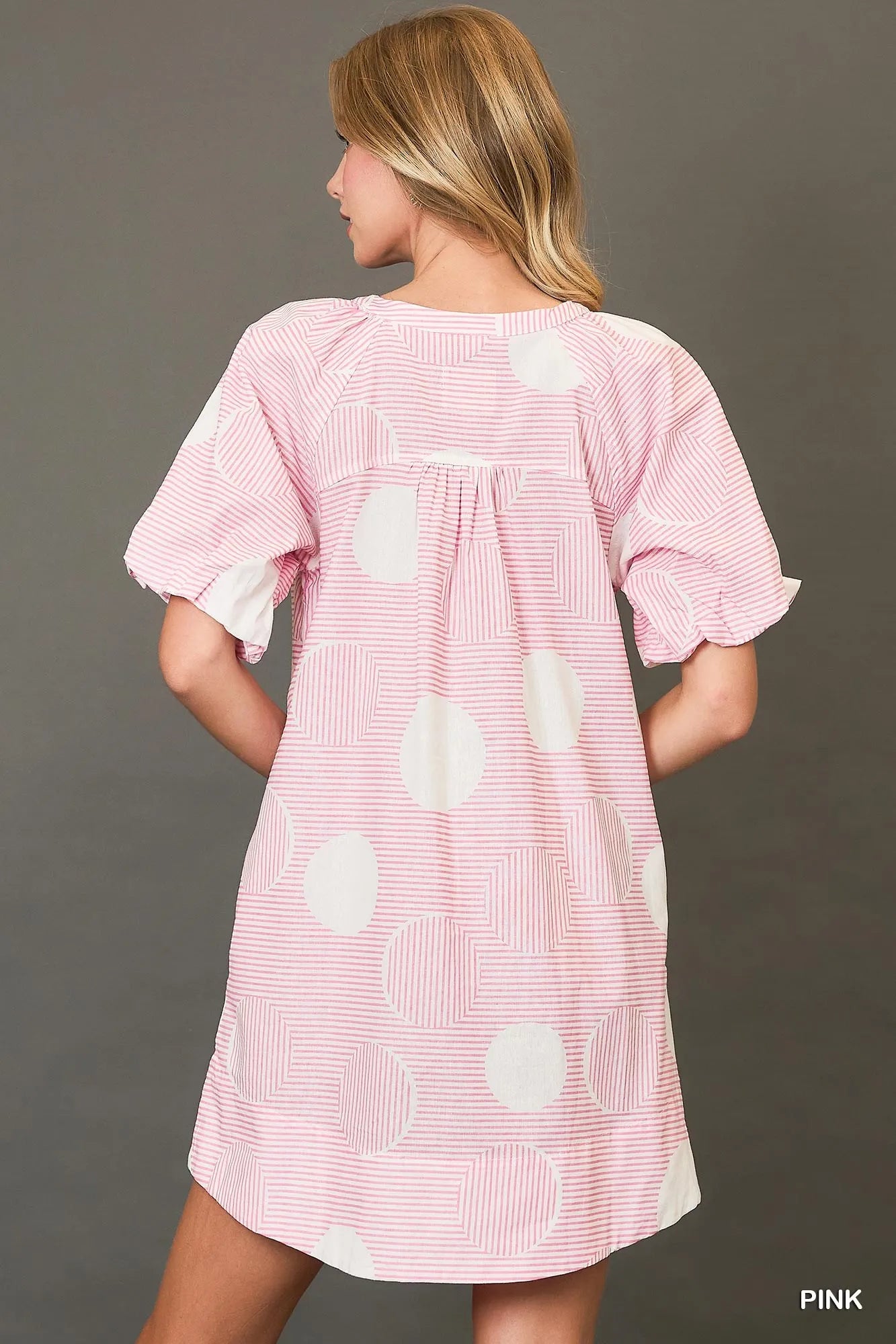 Umgee Stripe and Dot Print Button Down Puff Sleeve Mini Dress Trendsi