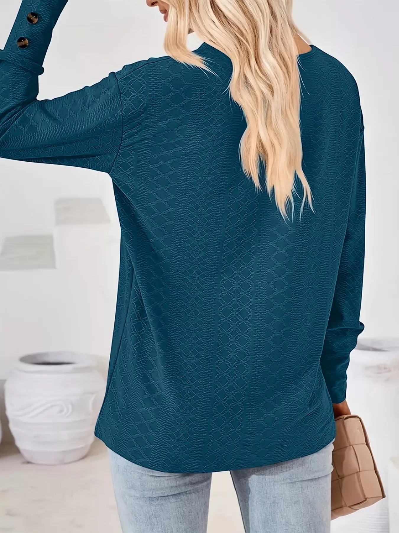 Plus Size V-Neck Textured Long Sleeve T-Shirt OutfitFlow