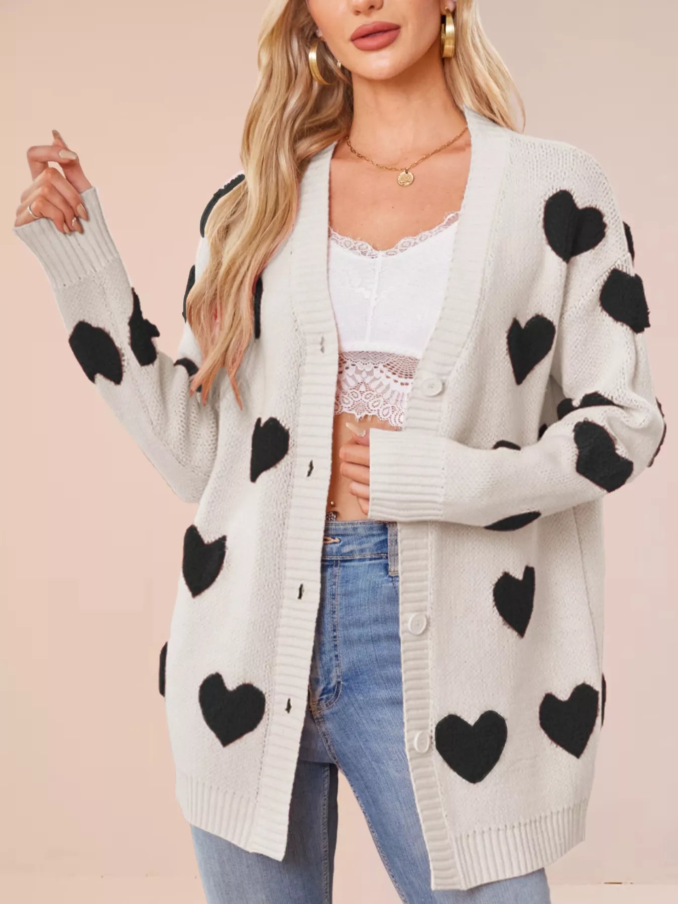Heart Pattern Knit Button-Up Cardigan OutfitFlow