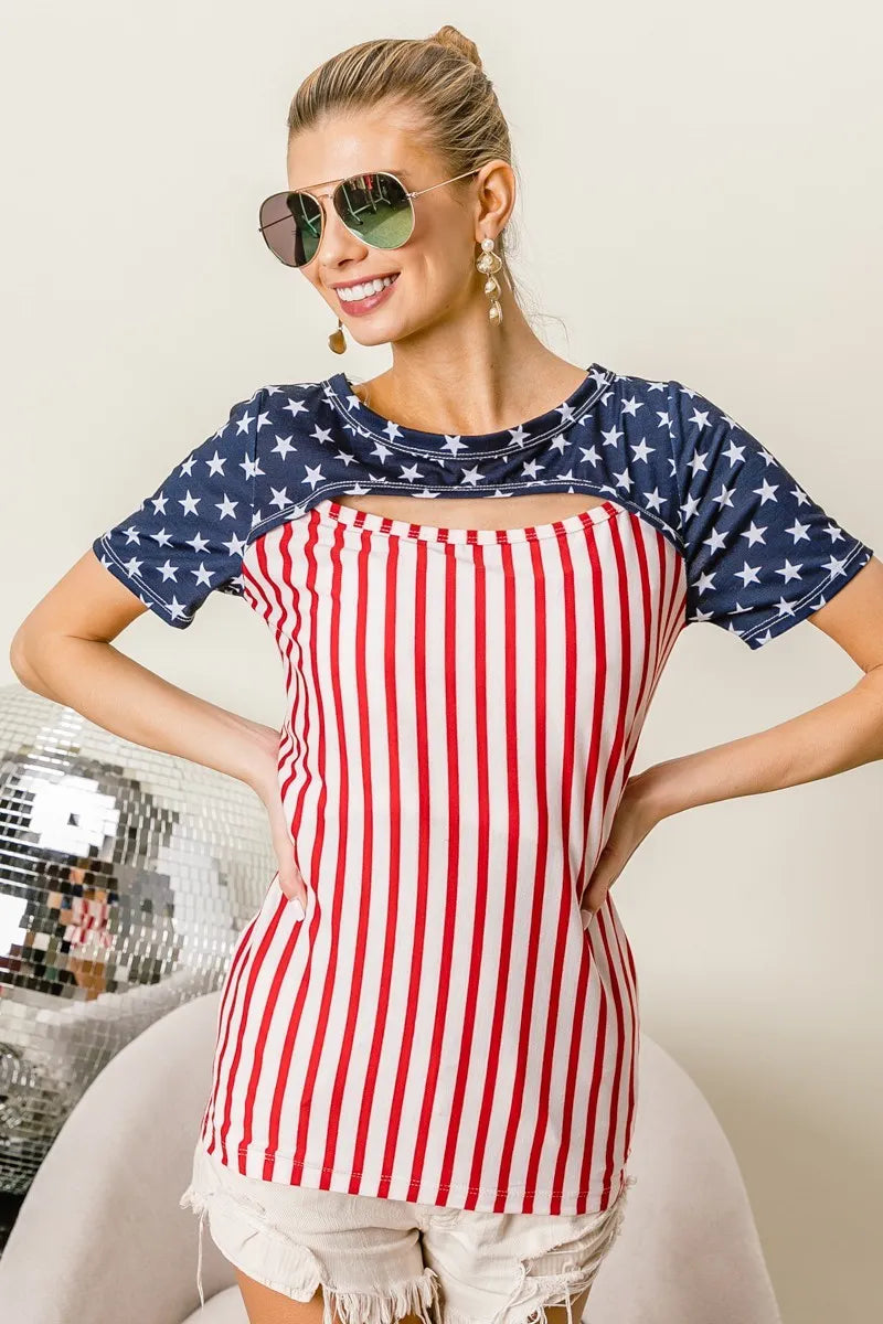 BiBi American Flag Theme Front Cut Out Top OutfitFlow