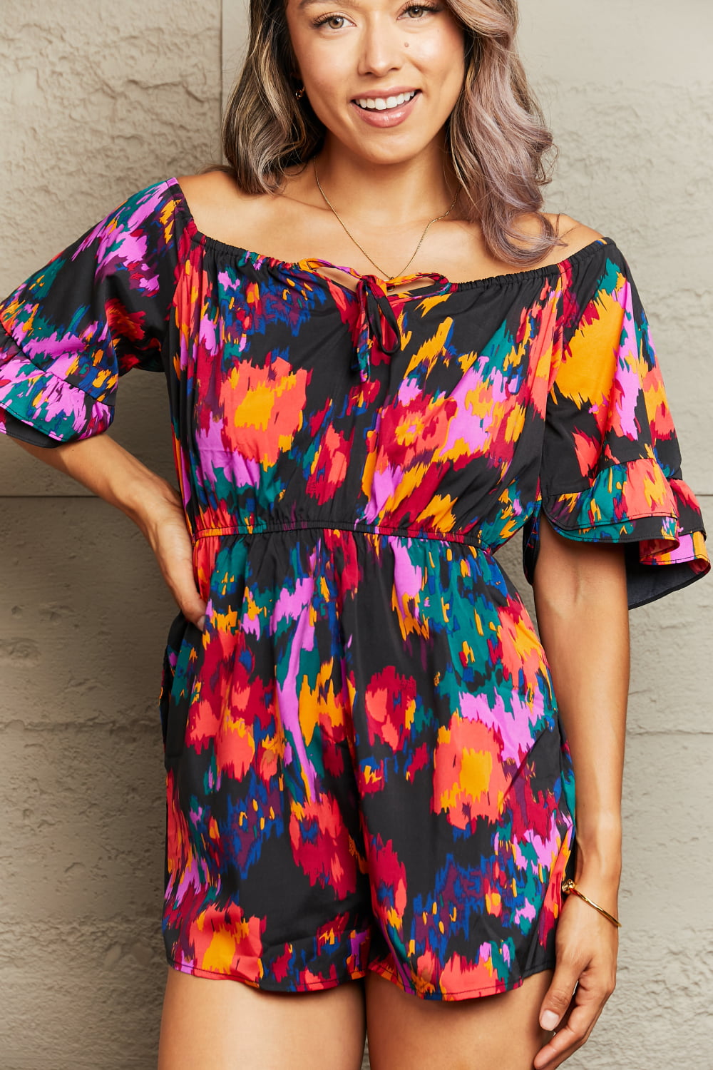 Outfit Flow - Perfee Printed Tied Flounce Sleeve Romper