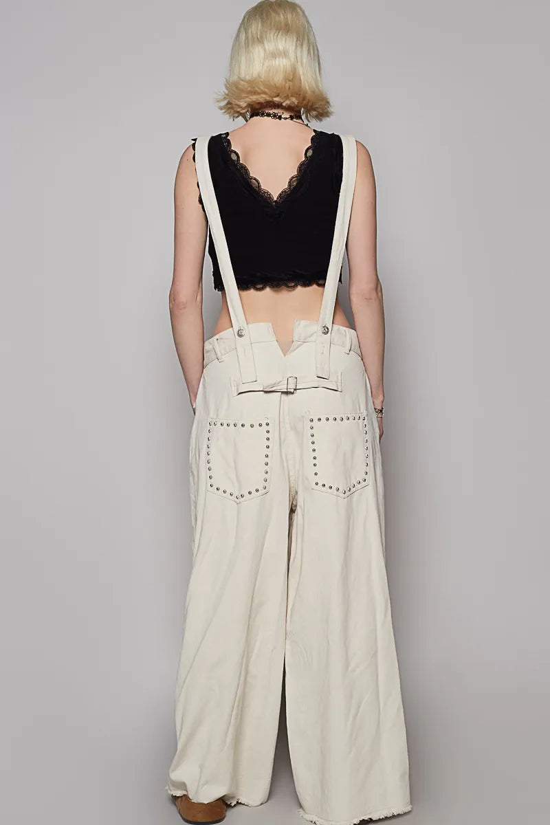 POL Raw Hem Studded Knee Patches Cargo Overalls OutfitFlow