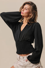 BiBi Smoking Waist Band and Puff Sleeves Deep V Neck Top OutfitFlow