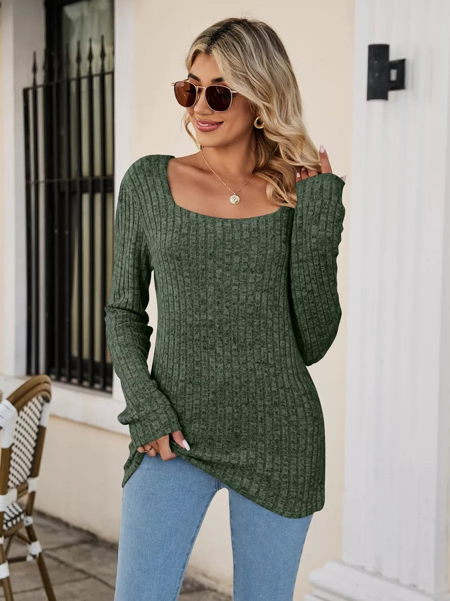Ribbed Square Neck Long Sleeve T-Shirt Dark Green Trendsi