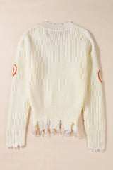 Raw Hem Pumpkin V-Neck Long Sleeve Sweater OutfitFlow