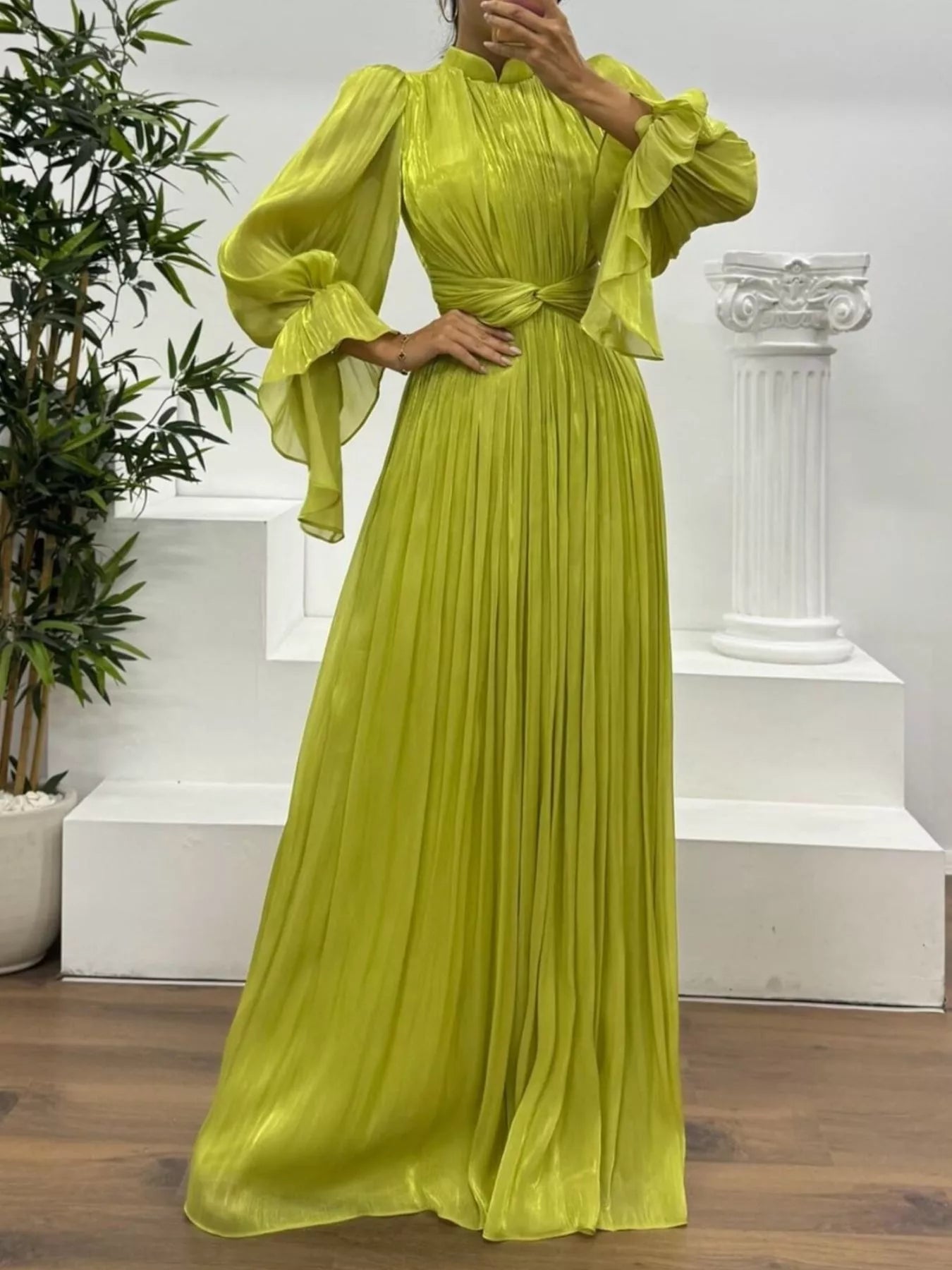 Pleated Mock Neck Long Sleeve Maxi Dress Yellow-green OutfitFlow