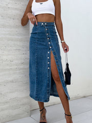 Slit Button Up Midi Denim Skirt