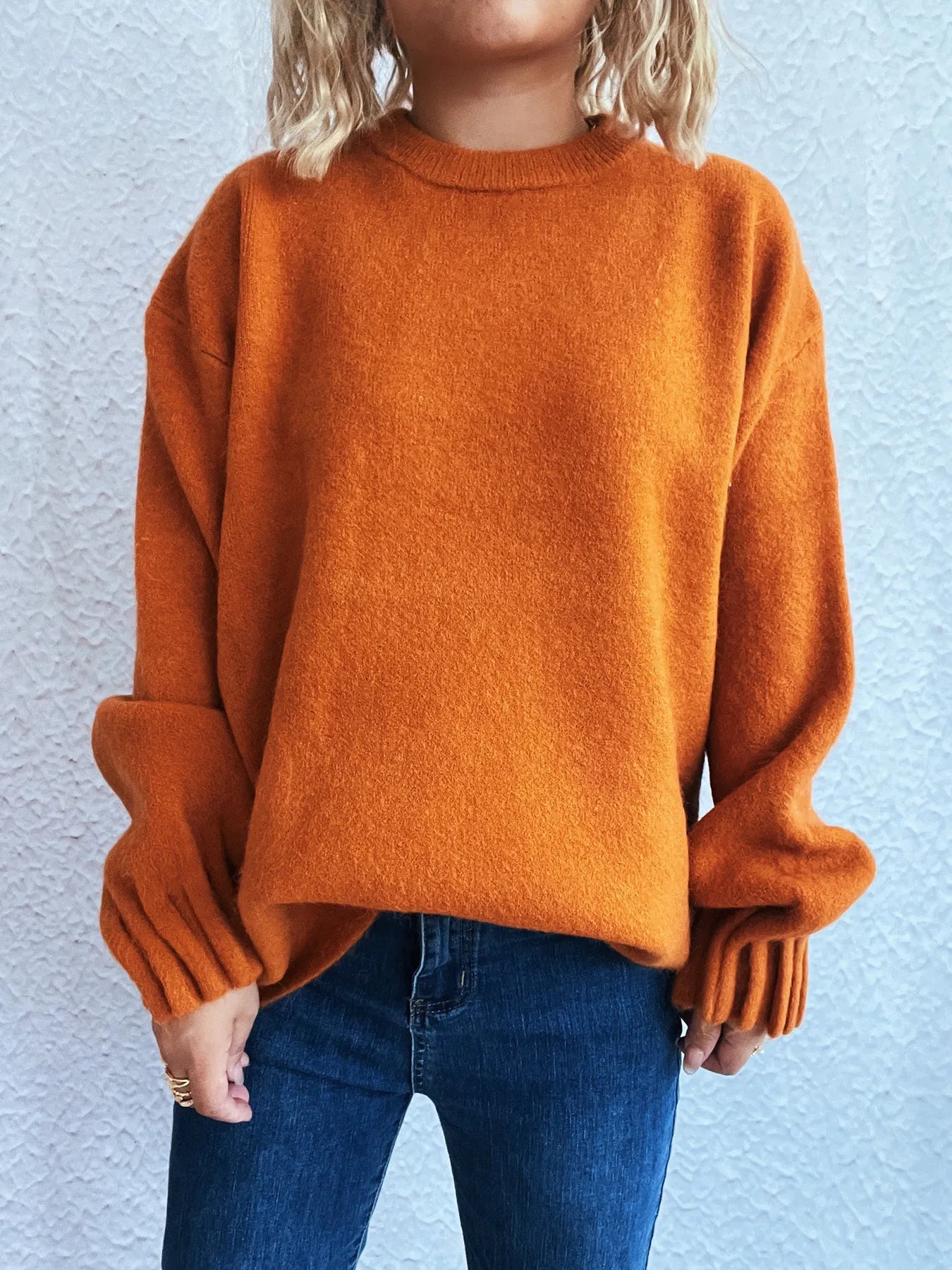 Round Neck Dropped Shoulder Sweater Orange One Size OutfitFlow