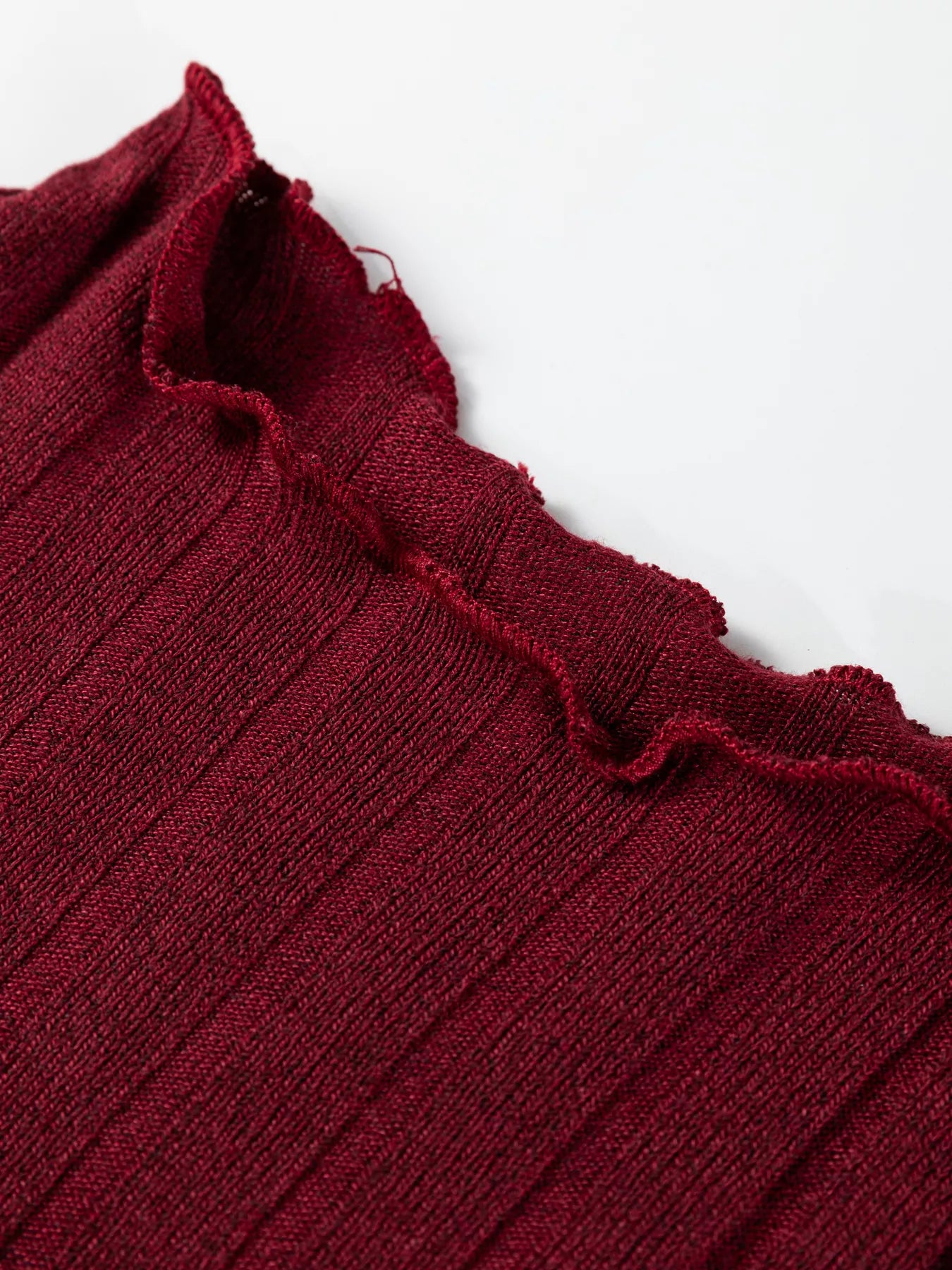 Frilled Neck Ribbed Knit Patchwork Long Sleeve Mini Dress OutfitFlow