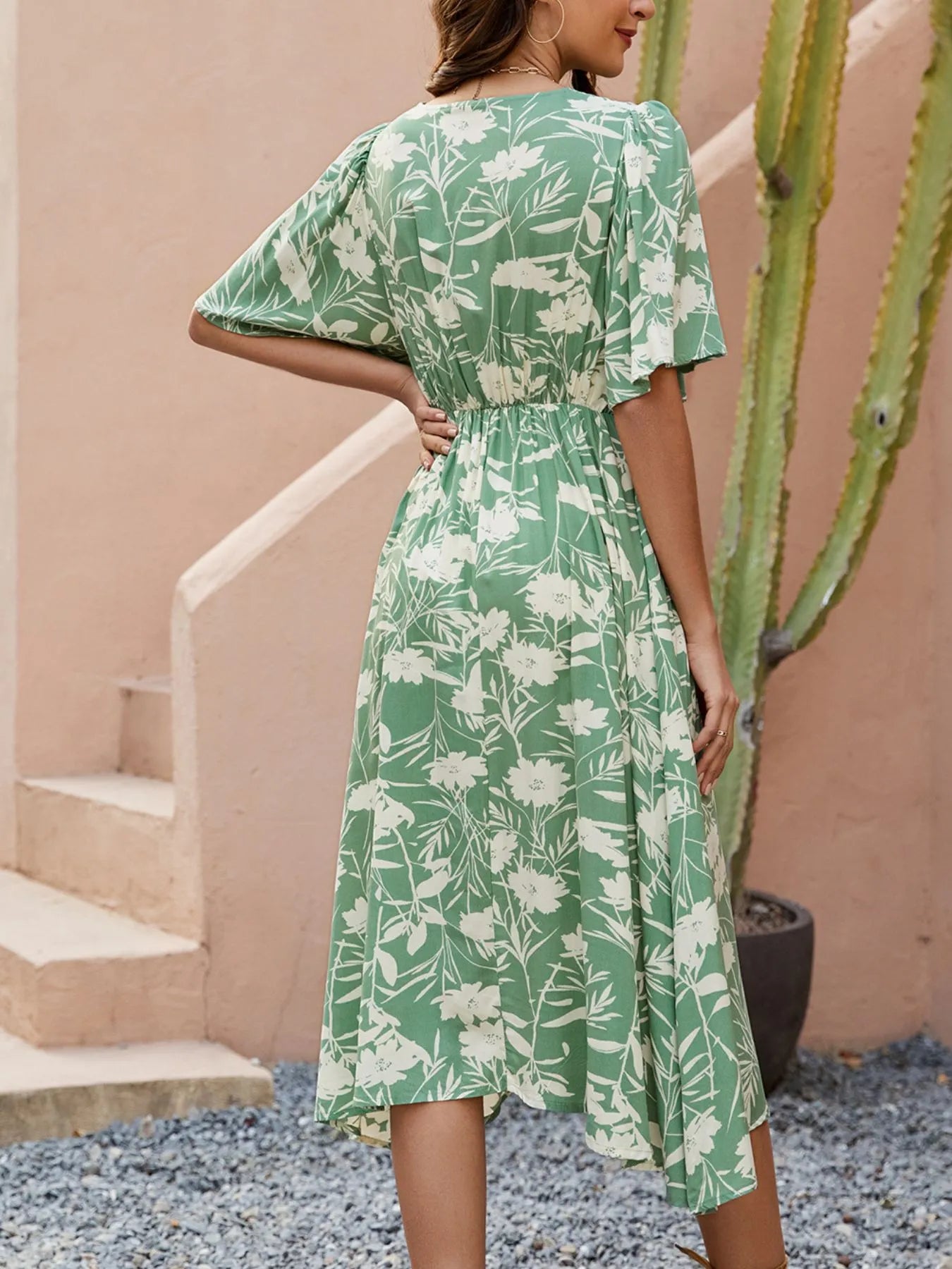 Printed V-Neck Flutter Sleeve Midi Dress OutfitFlow