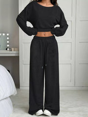 Boat Neck Long Sleeve Top and Pants Set Black OutfitFlow
